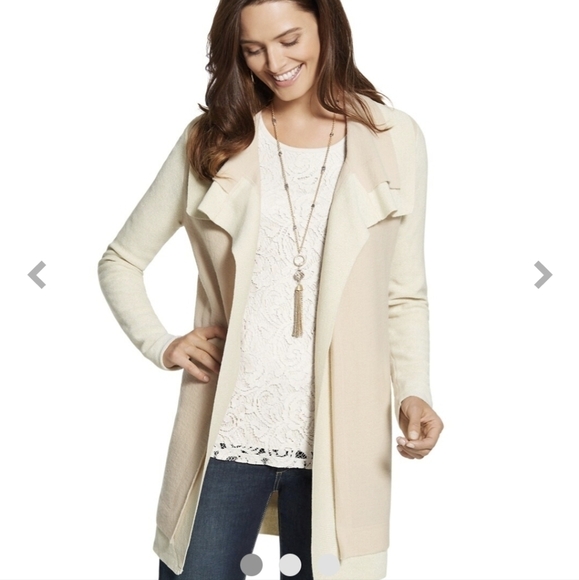 Chico's Mixed Media Wool Mix Open Boho Minimal Cardigan Dramatic Portrait collar - Picture 2 of 9